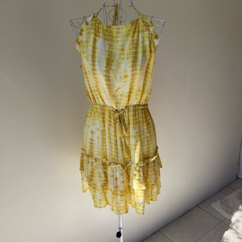 Majorelle baker Yellow Tie-Dye Ruffle Mini Dress Size S backless elastic waist - Picture 6 of 10
